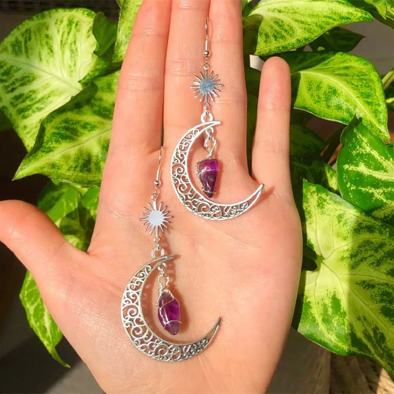 Witchy Crescent Sun Moon Amethyst Crystals Stone Earring Wicca Healing Crystal Magic Protection Celestial Jewelry Women Gift