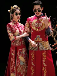 Traditional Bride Embroidery Cheongsam Phoenix Clothing Qipao Embroidery Red Satin Tops For Woman Gold Brocade Gown