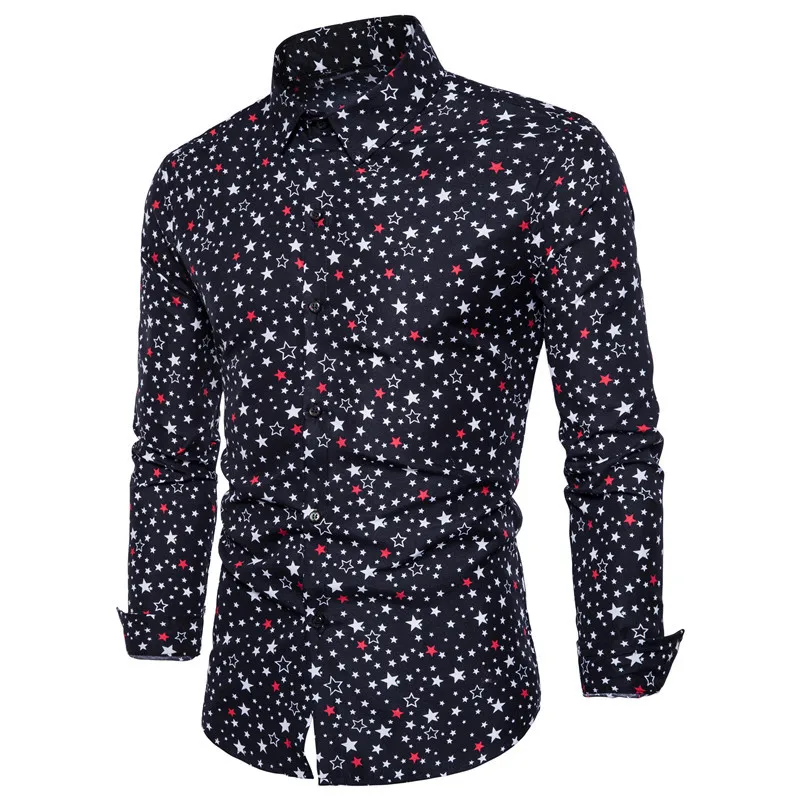 2021 Fashion Star Print Mens Shirts Casual Slim Fit Long Sleeve Dress Shirts for Men Korean Clothes Men