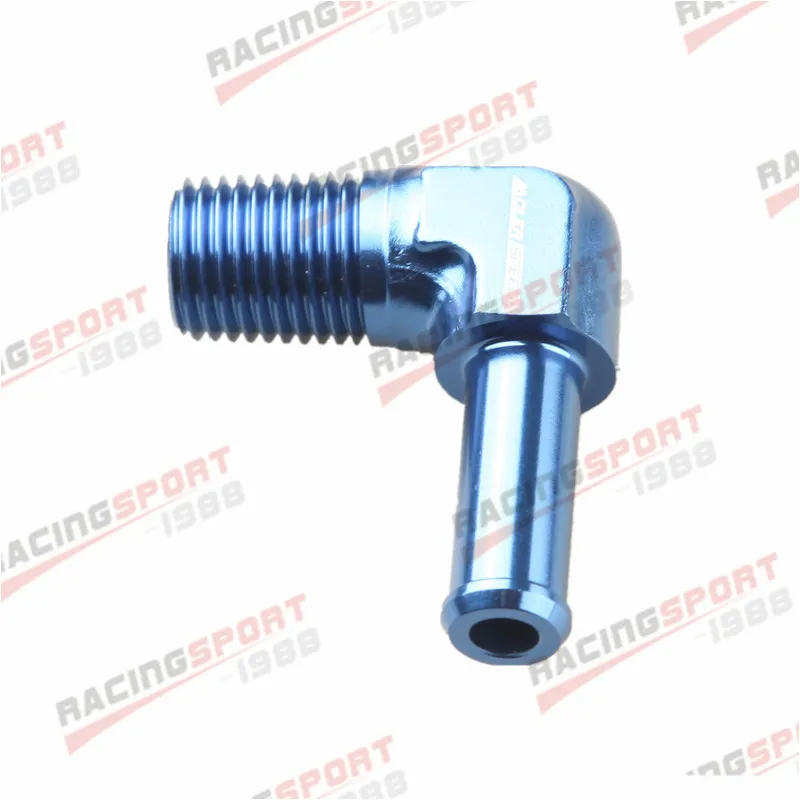 

90 Degree 1/4" NPT To 3/8" Barb Adapter Fitting Aluminum Blue