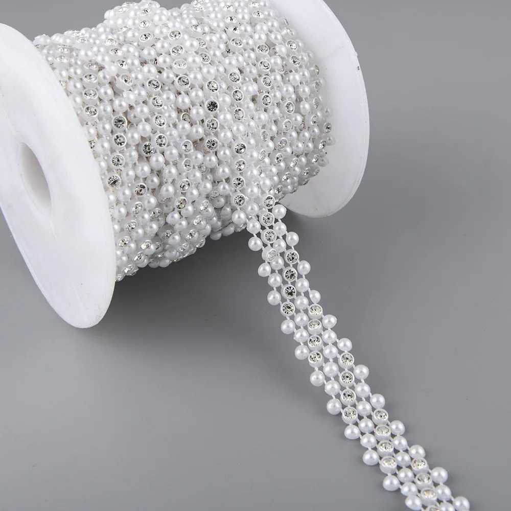 1Yards 15mm Width ABS Flatback Imitation Pearl with 4mm Round Rhinestone Chain Sewing Trim Wedding Clothes Cake Decoration Diy