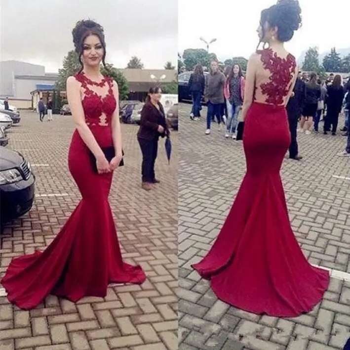 

Red 2019 Prom Dresses Mermaid Appliques Lace Elegant Plus Size Party Women Long Prom Gown Evening Dresses