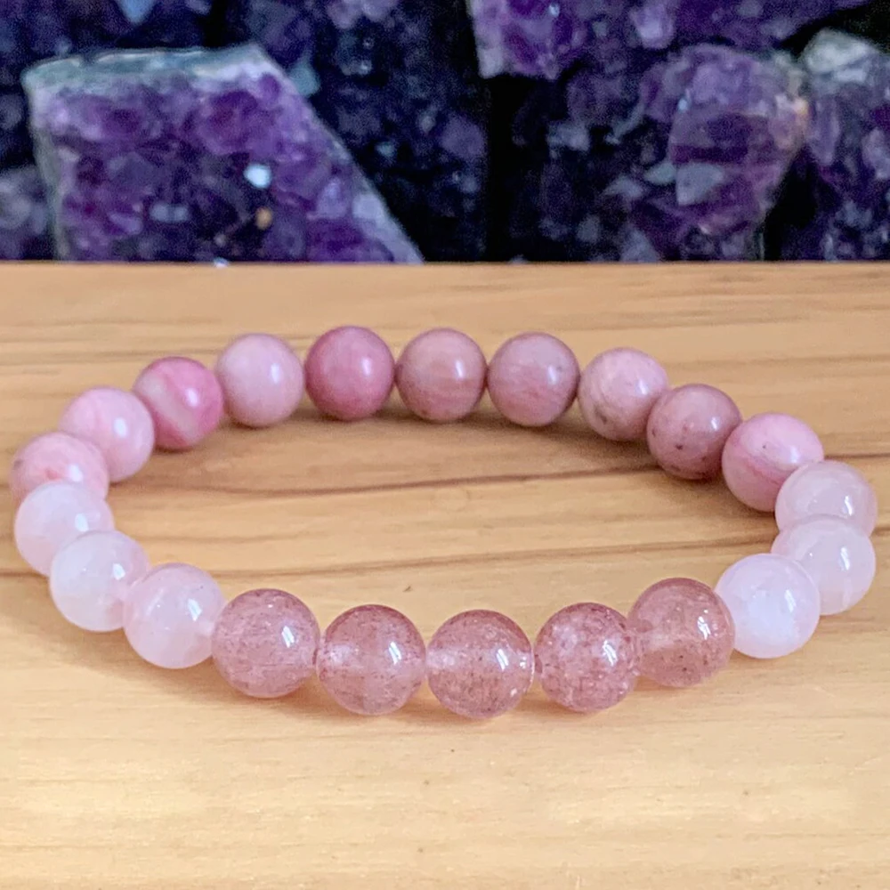 MG1239 Natural Strawberry Quartz Rose Quartz Bracelet Women`s Rhodonite Yoga Mala Bracelet Protection Negative Energy Bracelet