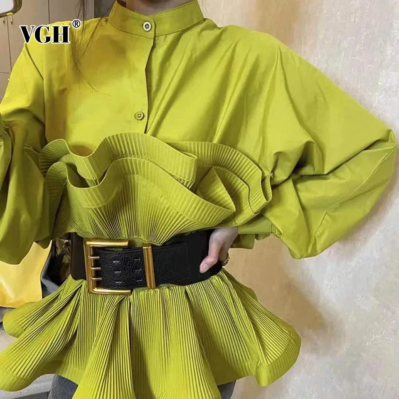 

VGH White Patchwork Ruffle Shirt For Women Stand Collar Long Sleeve Sashes Korean Blouse Female Fashion New Clothing 2024 Style