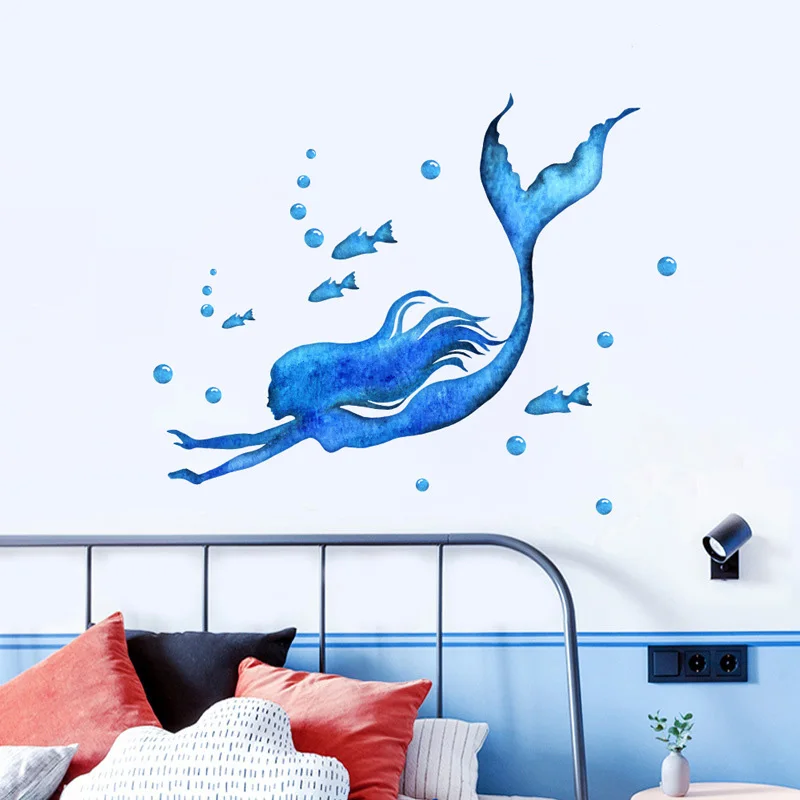 Blue Swimming Mermaid Wall Stickers Bathroom Glass Bedroom Glass Window Home Decoration Self-adhesive Sticker Beautify Wallpaper - Image 4