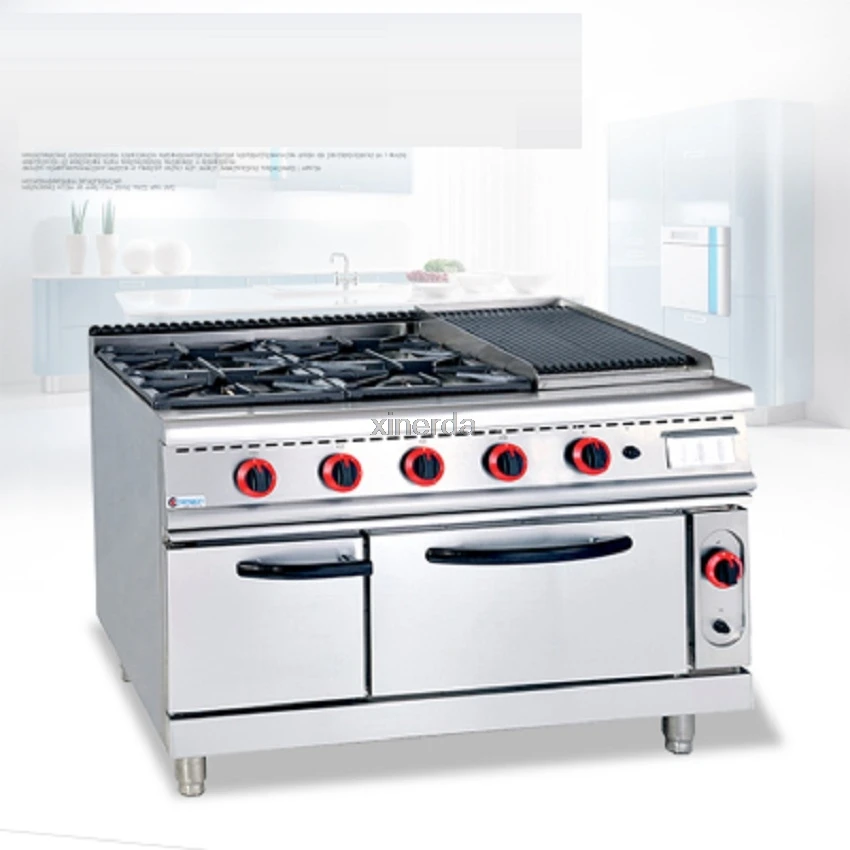 Commercial Kitchen Equipment Gas Range Outdoor Stove Gas Cooker Cabinet With 4-Burners & Lava Rock Grill Rack & Oven