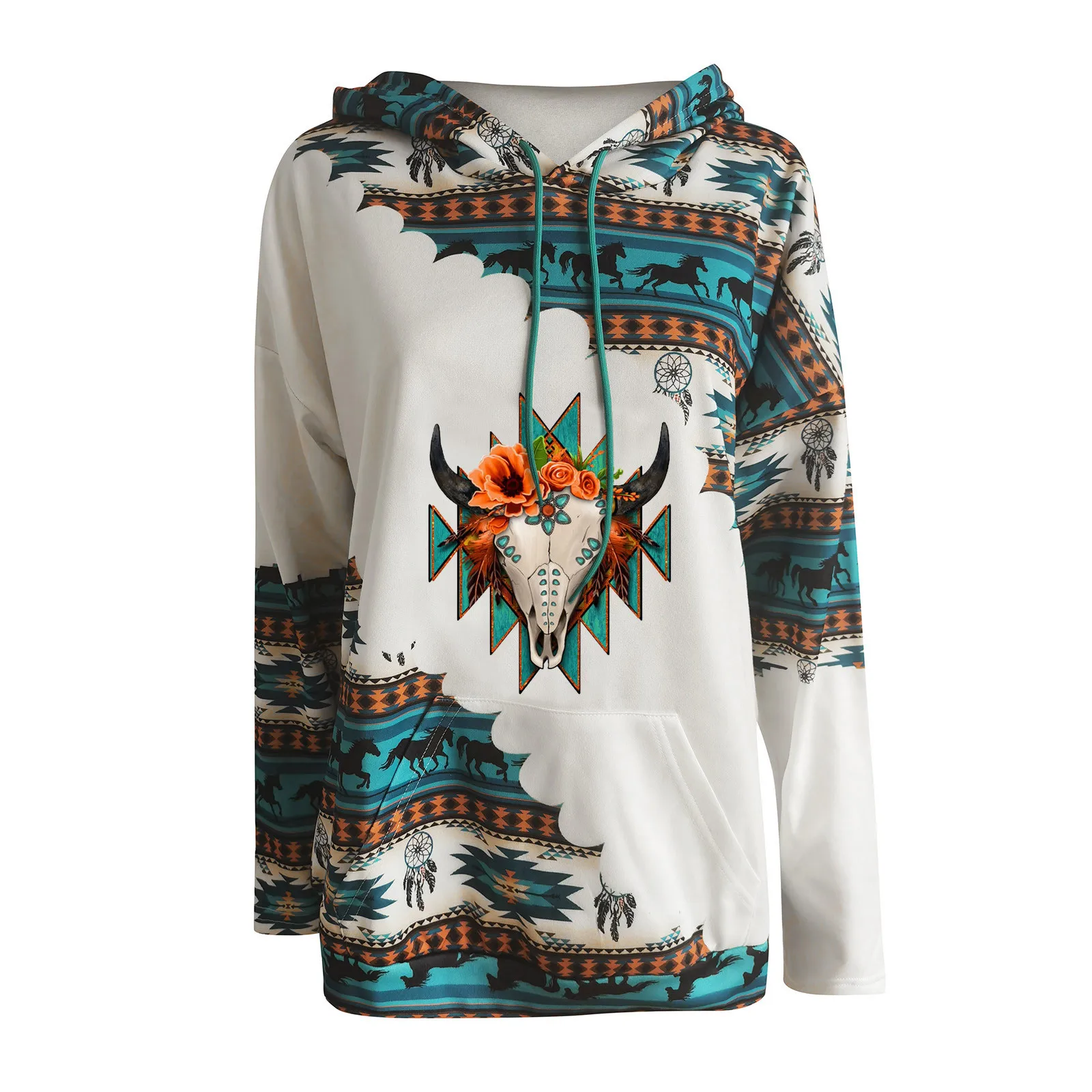 Harajuku Hooded Women\'s Hoodies Western Ethnic Print Sweatshirt Hoodie Vintage Casual Aztec Print Long Sleeve Shirt Pullover Top