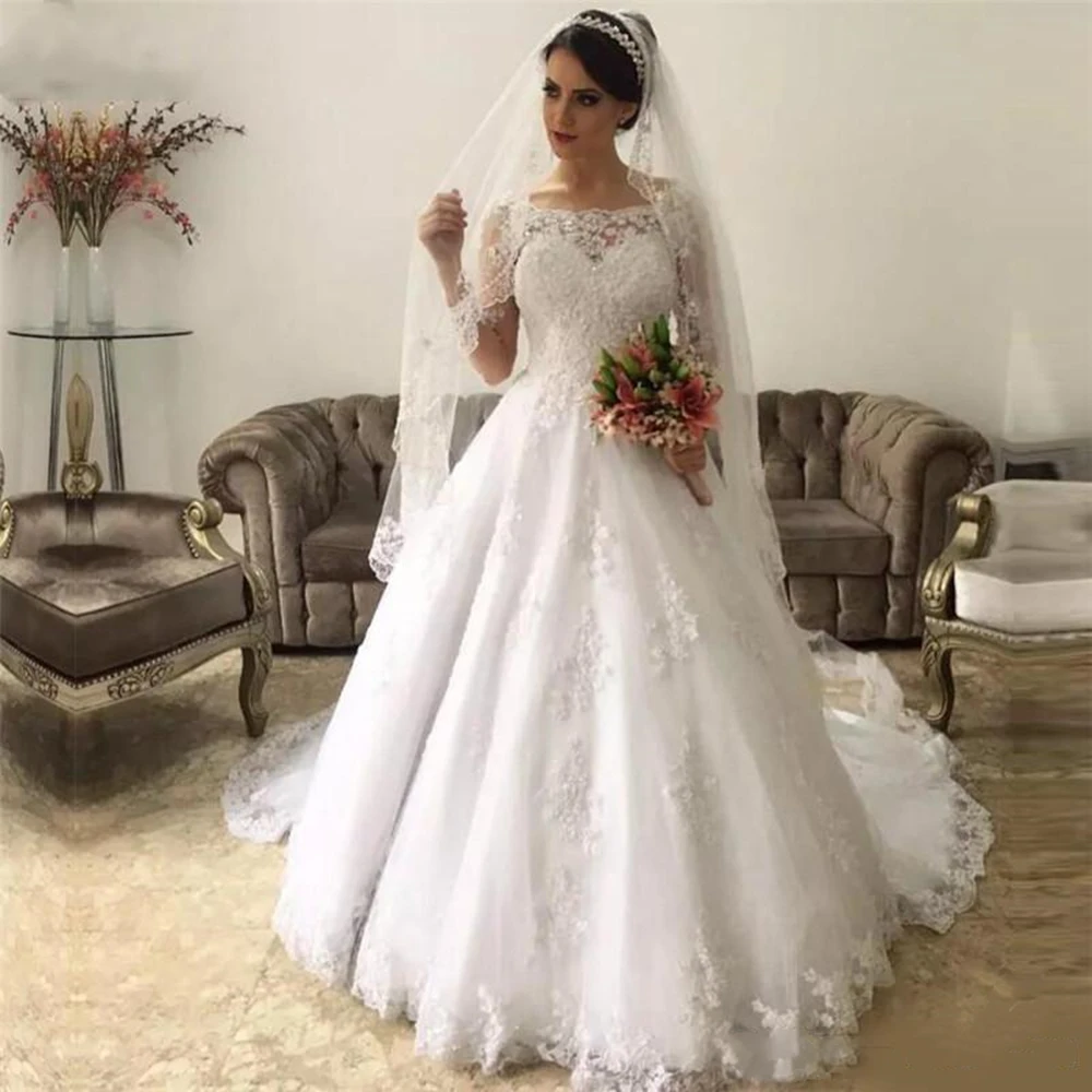 

Custom Long Sleeves Lace Wedding Dresses 2021 with Appliques Scoop Neck Court Train Tulle Wedding Bridal Gowns