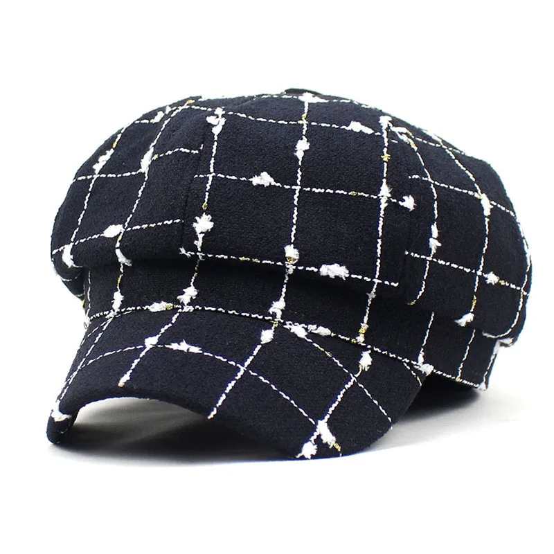 Ldslyjr 2021 Cotton Women Plaid Duck Tongue Beret Simple Casual Octagonal Cap Autumn and Winter Joker Painter Hat 12