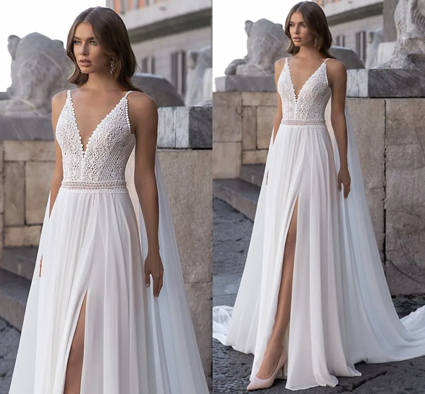 2024 Simple Beach Boho Wedding Dress with Shawl Sexy Split Spaghetti Strap Bohemian Lace Chiffon Bridal Gown Vestidos De Noiva