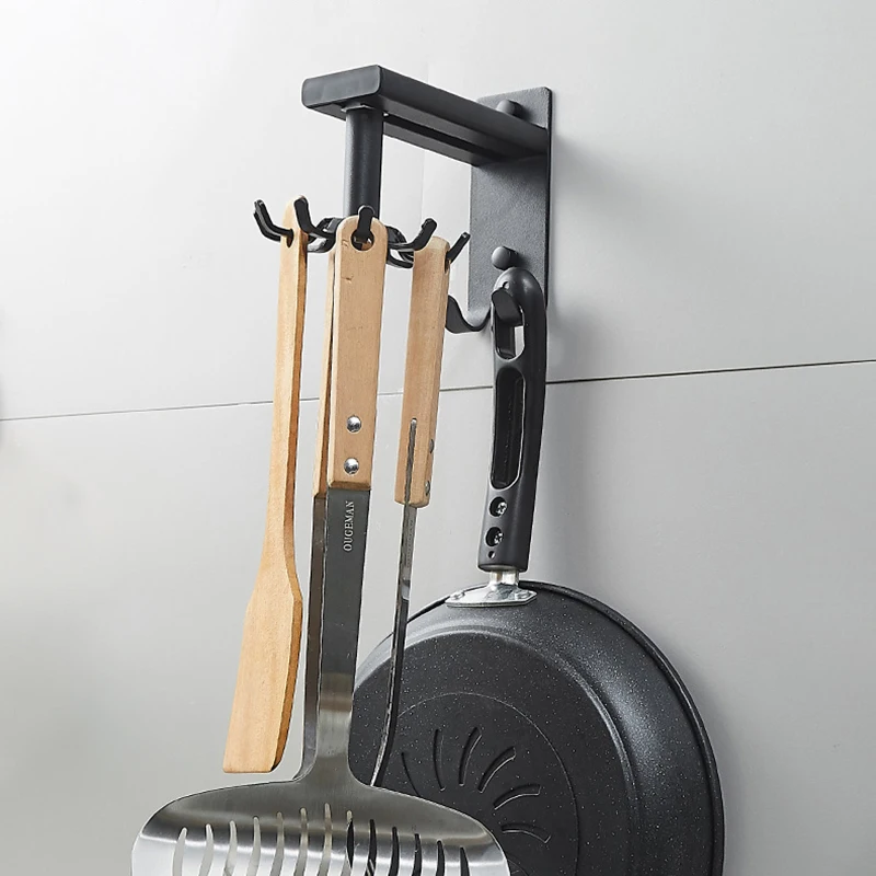 360 Degree Rotate Kitchen Utensil Holder Black Wall Movable Hook Handbag Shelf Home Hanger Organizer Aluminum Storage Rack