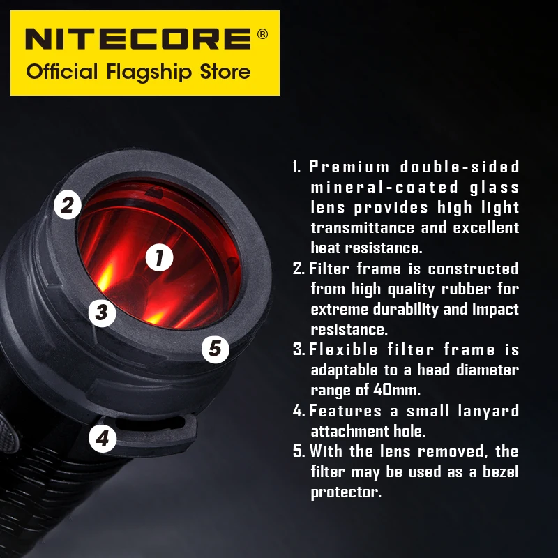 NITECORE ตัวกรองไฟฉาย40มม., ตัวกรองแสงสีแดงสีเขียวสีฟ้าอะแดปเตอร์แท่งไฟจราจรตัวกระจายแสง NFR40 NFG40 NFB40 NFD40 NDF40 NTW40สำหรับ EA4 MH25