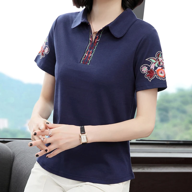 

Shintimes England Style Cotton T-Shirt 2021 Summer Tops Floral Embroidery T Shirt Women Turn-down Collar Woman Clothes Tee Femme