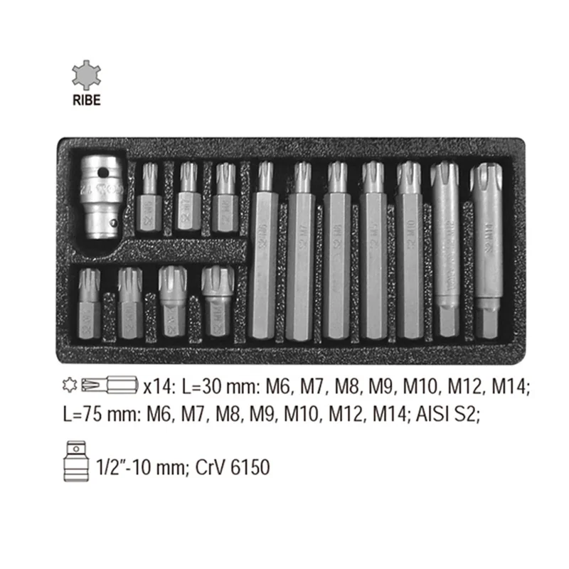 15PC 10mm Shank Impact Screwdriver Tools Ribe Bit Set 30mm & 75mm Polydrive M6 - M14 With 1/2\