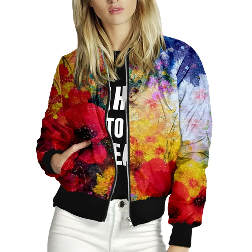 2021 Spring Autumn Thin Solid Jackets Women Floral Print Zipper Bomber Jacket Long Sleeve Coat Female Slim Outerwears Tops