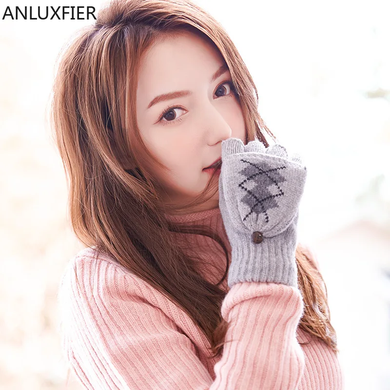 H10035 Women Knitted Gloves Female Flip Half Finger Korean Mittens Student Girl Autumn Winter Warm Lovely Simple Cute Hand Muff