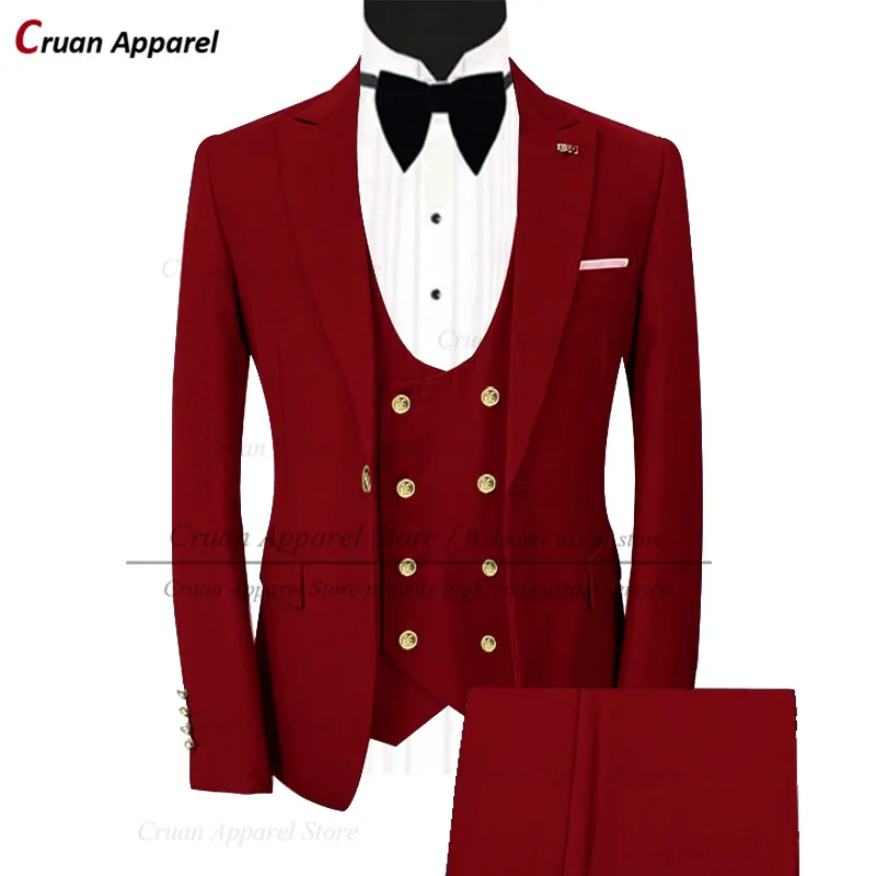 

Latest Luxury Red Wedding Suits for Men Slim Fit Fashion Best Man Groom Suit Tuxedo Classic Blazer Vest Pants 3Pcs Male Tuxedos