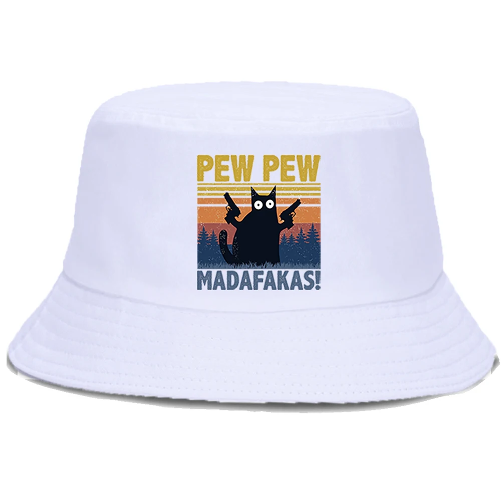 Pew Pew Madafakas Black Cat Bucket Caps Women Street Beach Sun Hat Hip Hop Casual Fisherman Hats Men Outdoor Summer Panama Cap