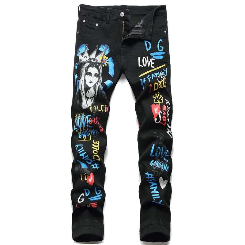 

Letter Mens Print Jeans Graffiti Pattern Painting Casual Elastic Cotton Denim HIP HOP Pants Straight Slim Fit Black Bike Trouers