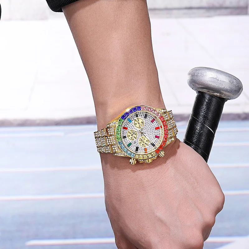 Watches for Men Luxury Hiphop Full Iced Out Watch Men Gold Colorful Rhinestone Hip Hop Watch Quartz Wristwatch Relogio Masculino