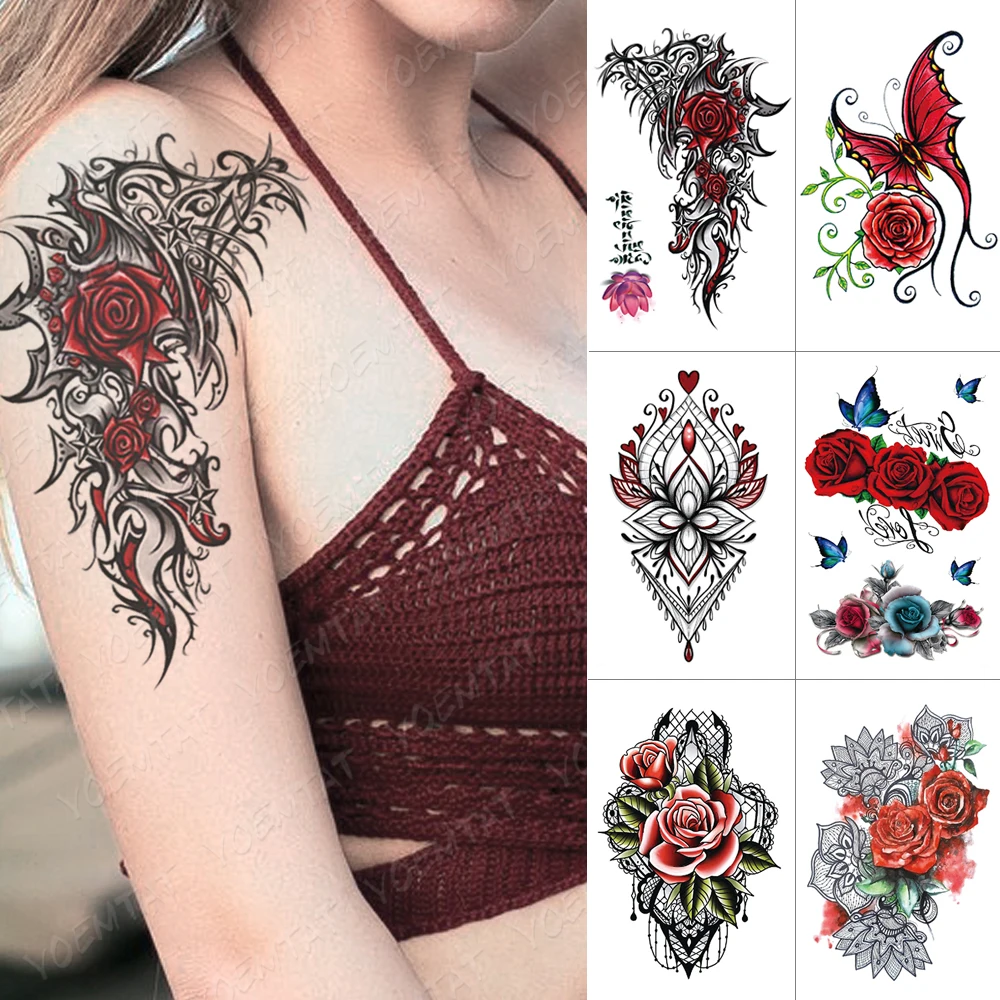 

Waterproof Temporary Tattoo Sticker Rose Totem Flash Tattoos Butterfly Lace Flower Body Art Arm Water Transfer Fake Tatoo Women