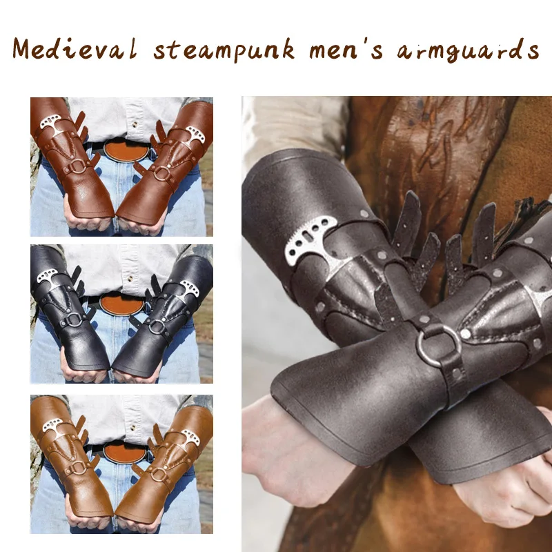 2 Pcs Steampunk Men Medieval Cosplay PU Leather Bracers Armor Wristbands Adjustable Viking Pirate Halloween Costumes Accessories