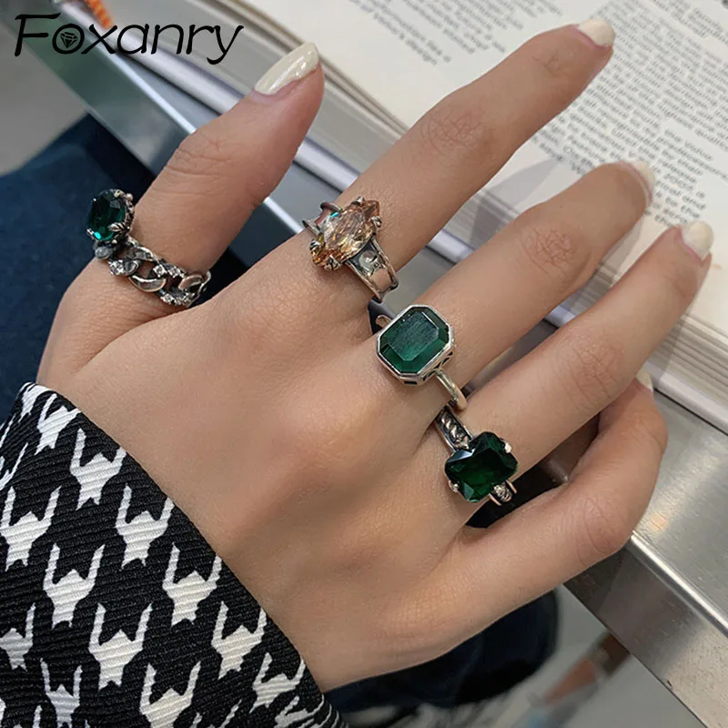 Foxanry Silver Color Zircon Rings Fine Jewelry for Women Couples INS Fashion Creative Design Party Accessories Gifts