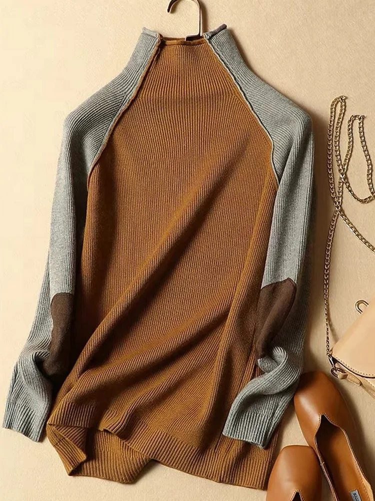 

Женские свитера с высоким воротником, зима-осень, модные лоскутные женские пуловеры, милый специальный свитер в японском стиле Ouc1844