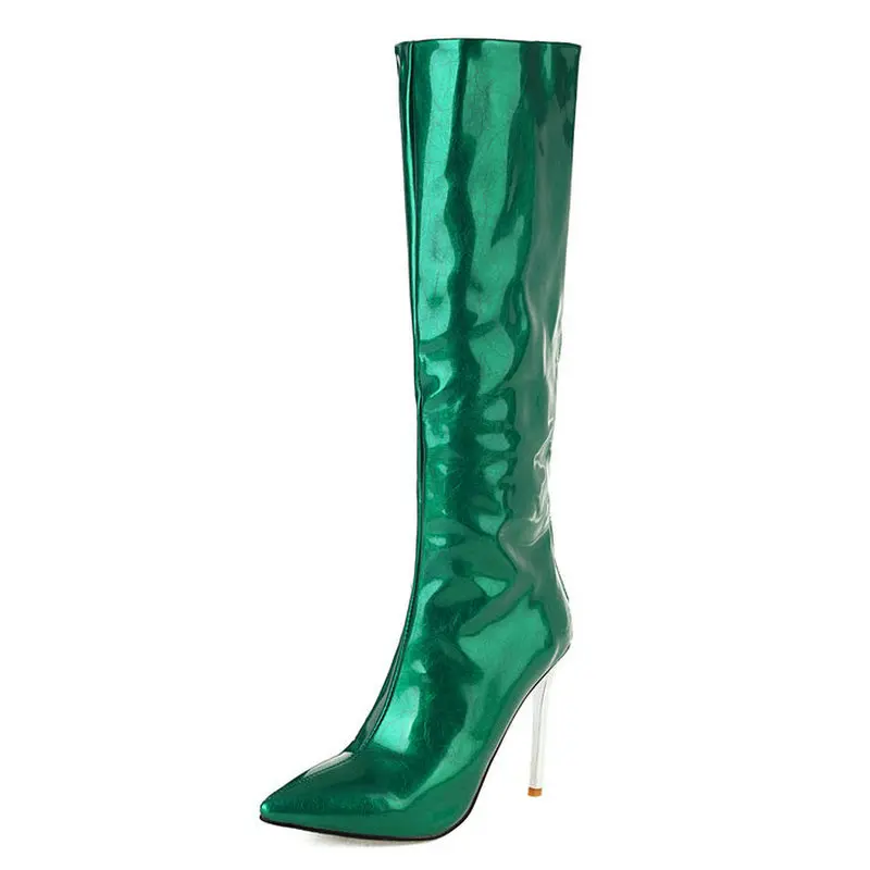 2021 Women Knee High Boots Sexy Thin High Heel Pointed Toe Ladies Boots Patent PU Leather Autumn Winter Women\'s Boots Big Size