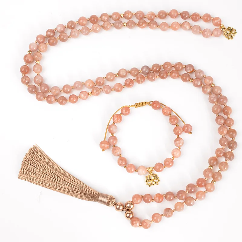 8mm Natural Sunstone Beads Knotted 108 Japamala Necklace Meditation Yoga Blessing Tibetan Rosary Jewelry Bracelet Set with Lotus