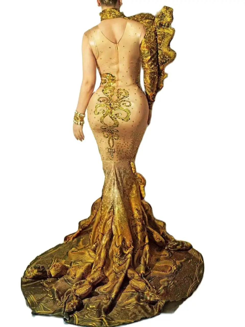 Women Gold Asymmetrical Evening Long Dress Luxurious Trumpet Sexy Party Birthday Outfits Singer Show Catwalk Long Outfits