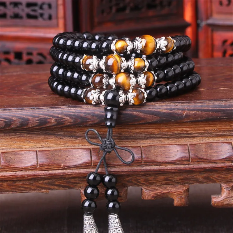 108 Kralen Obsidiaan Kralen Gebed Mala Armband Mannen Boeddhistische Boeddha Meditatie Tijgeroog Steen En Hout Rozenkrans Armband Vrouwen Top