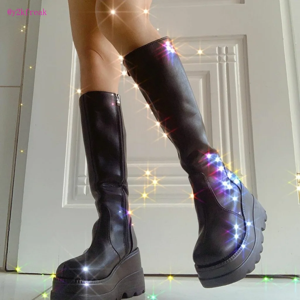 Y2K Grunge Boots Punk Goth Platform Boots Chunky Heel Wedge Women Boots Thick Bottom Winter Shoes Egirl Knee High