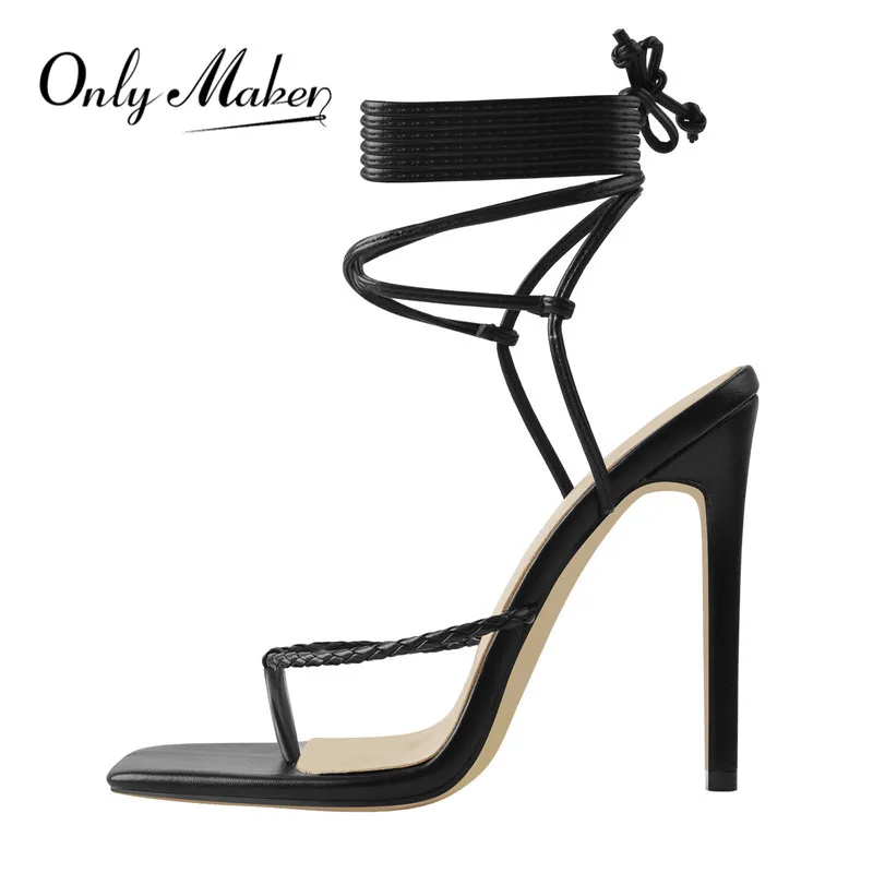 Onlymaker Women  Black Cross-tied Thin High Sandals Big Size Fashion Party Sandals