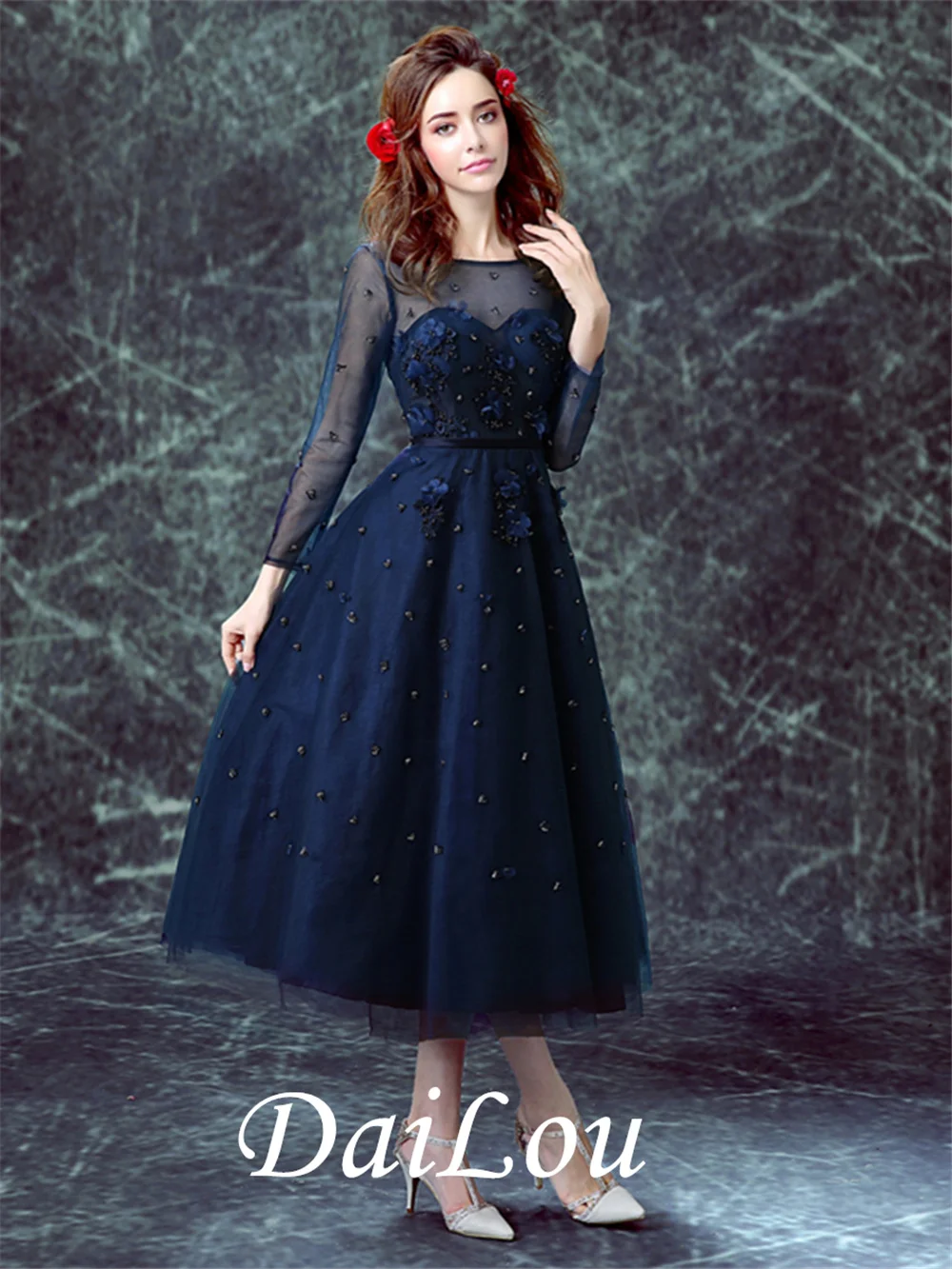 

New Arrival Maternity Plus Size Bridal Gown Pregnant Evening Dress Blue Tea Length Bling Beaded Backless Sexy 2021