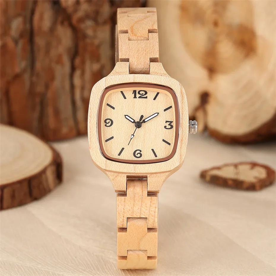 Jam Tangan Wanita Kayu Maple Mewah Jam Tangan Gelang Kayu Penuh Dial Persegi Jam Tangan Kreatif Hadiah untuk Pacar/Istri