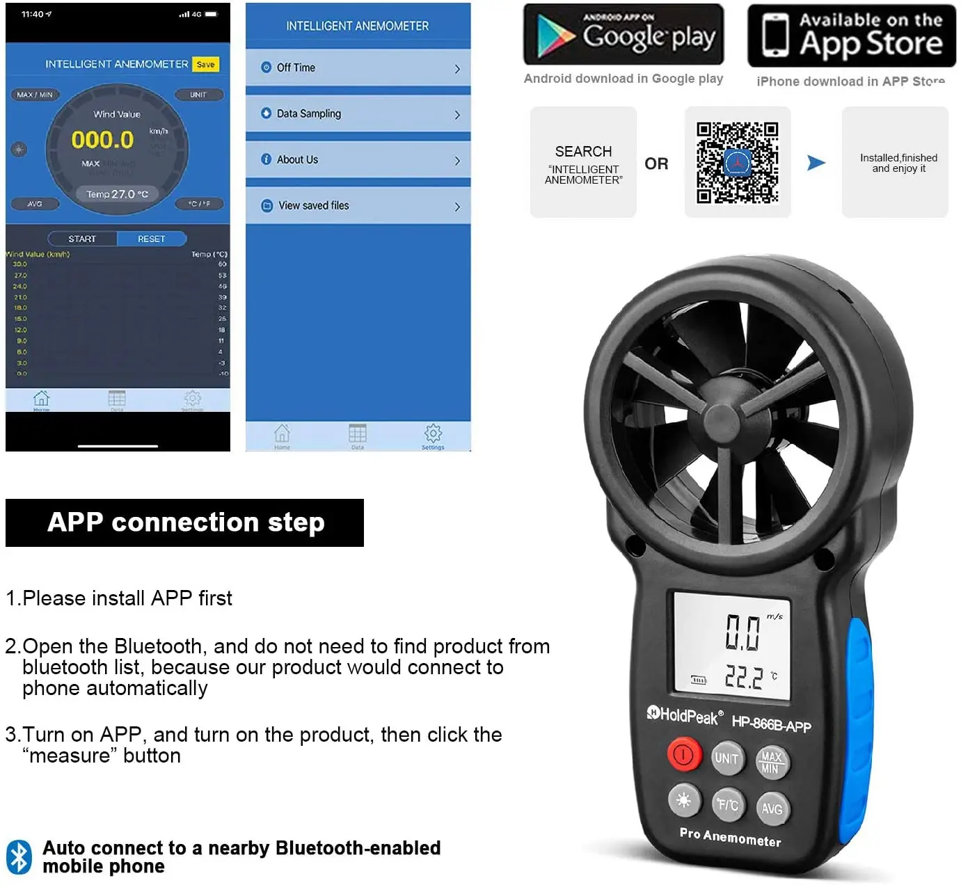 HoldPeak HP-866B-APP Digital Anemometer 0.3~30m/s With Mobile APP Wind Speed Measurement Meter Measure Temperature Tester tools