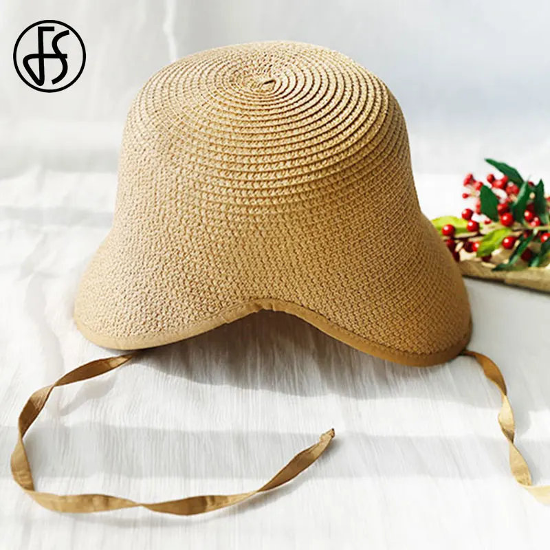 FS Fashion Straw Regency Bonnets Hats For Women Party Sun Hats Bow Beach Cap Big Wide Brim Cloche Hat Fedora Chapeau Femme