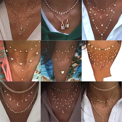 Vintage Fashion Multilevel Crystal Heart Star Sun Moon Necklaces For Women Boho New Geometry Pendant Necklace Female Jewelry