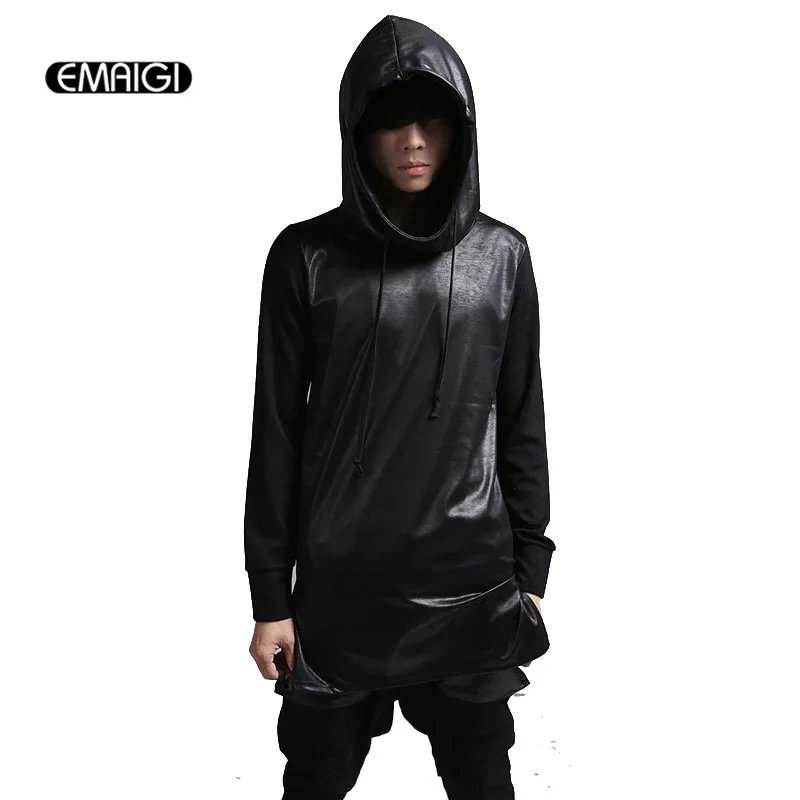 Men Long Sleeve Hooded T-shirt Leather Splice Punk Tshirt Men Street Fashion Casual Hip Hop Slim Fit Tops Tees Shirts CT126