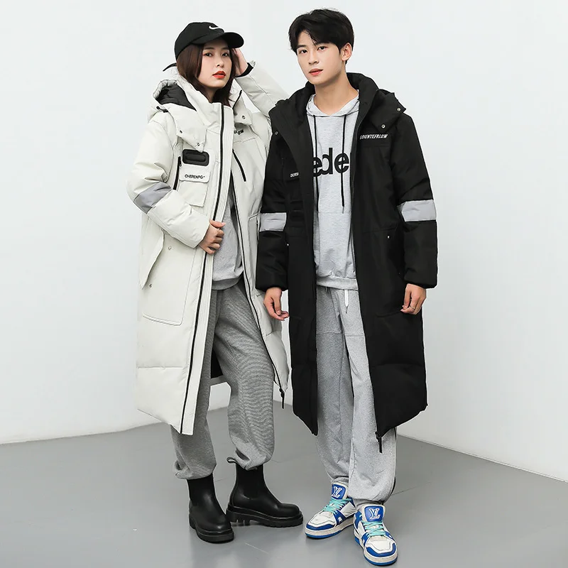 Winter 90% White Duck Down Jacket Men Hooded Big Pockets Couple Models Fashion Loose Coat Lengthened Thick Down Jacket Unisex