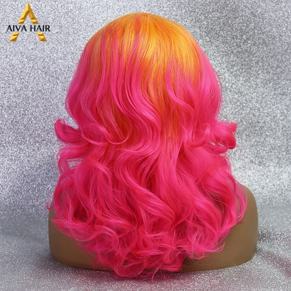 Orange Pink Synthetic Lace Front Wig Aiva Ombre White Wavy Short Wig Heat Resistant Cosplay Synthetic Lace Wigs For Black Women