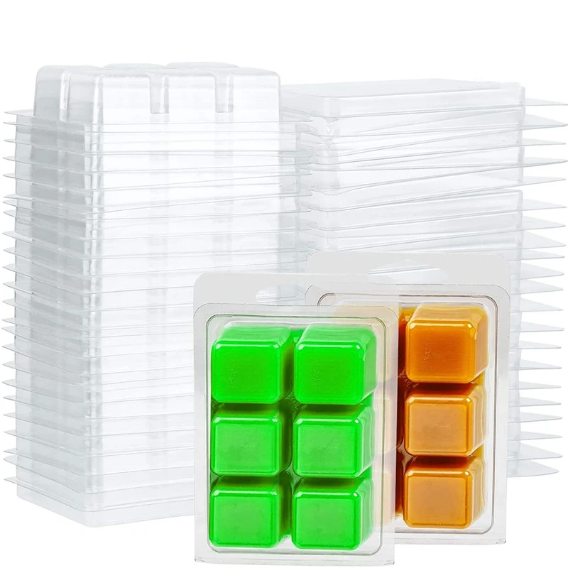 100 Packs Wax Melt Clamshells Molds Square, 6 Cavity Clear Plastic Cube Tray for Candle-Making & Soap