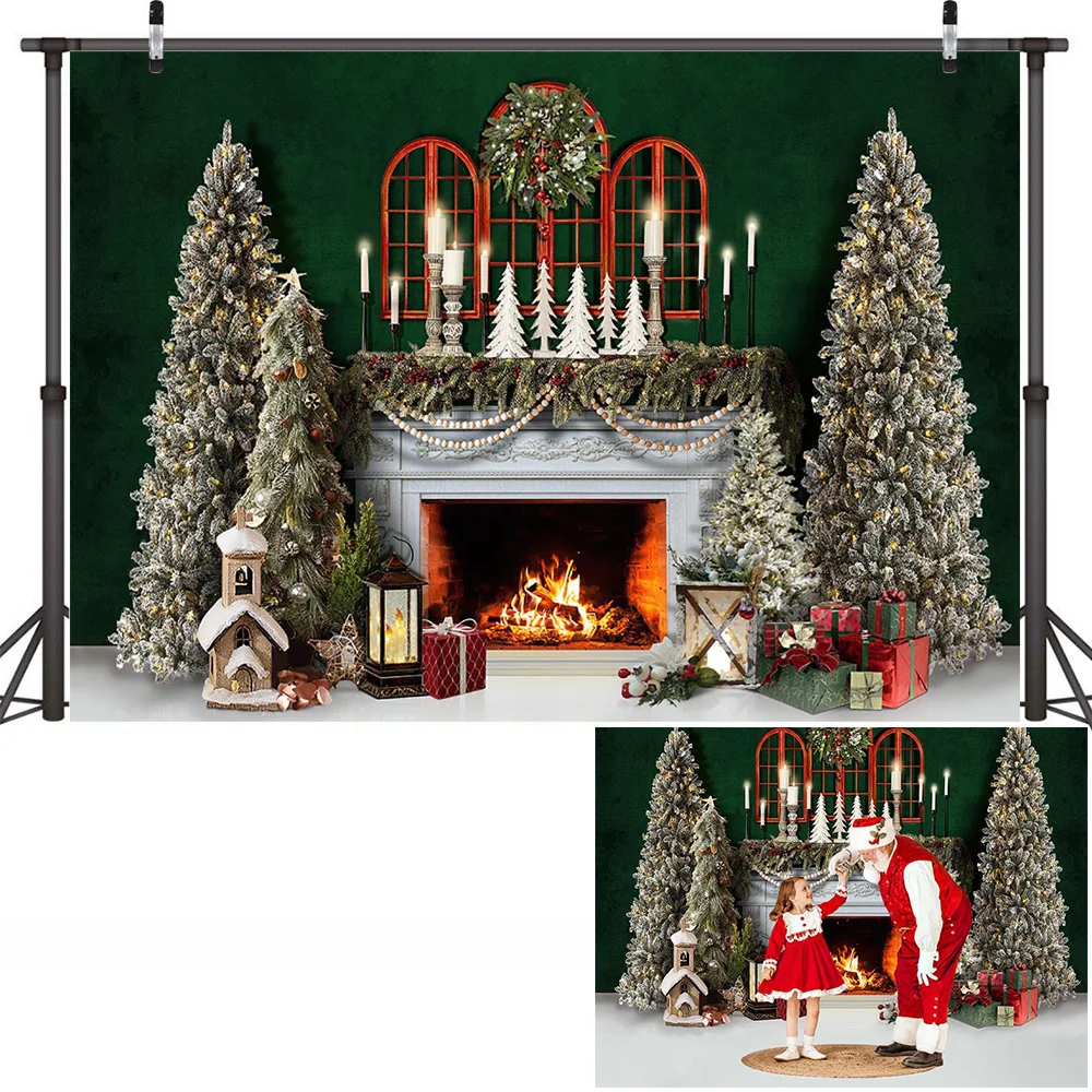 Фон для рождественской комнаты, камин, окно, зеленые абстрактные обои, фон, зимний детский семейный портрет, рождественские елки, фотосессия