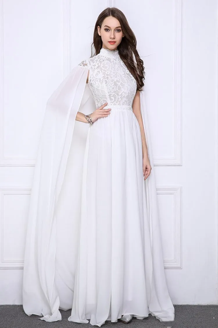 High Neck White Chiffon Evening Dresses Capped Wrap Top Lace Saudi Arabia Dubai Prom Party Long Formal Gowns A-Line