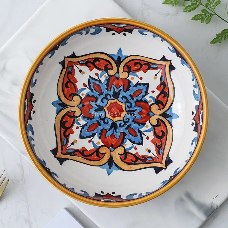 1Pcs American Country Hand-painted Ceramic Plate Tableware Soup Bowl Deep Dish Cover Rice Bowl Glaze Under The Flower Tray