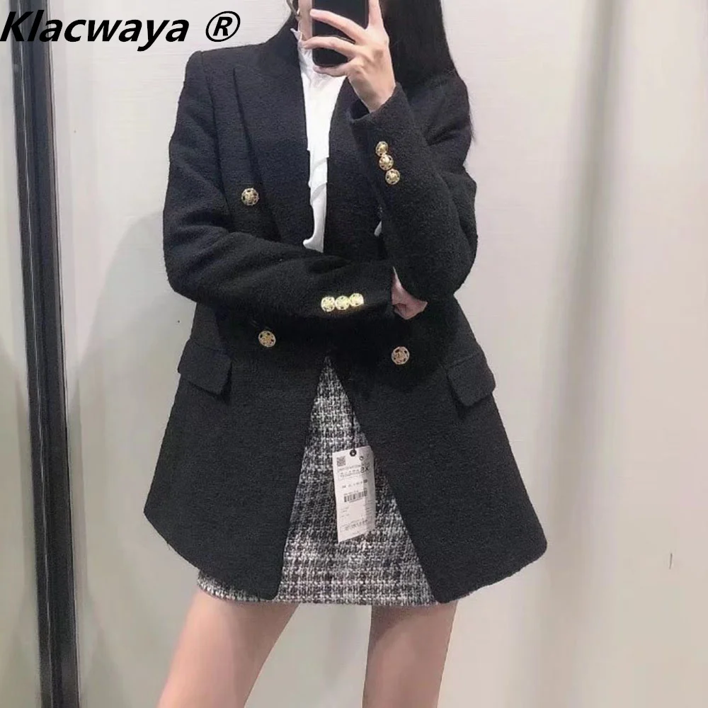 

Klacwaya Women's Jacket Blazer Vintage Black Textured Tweed Suit Woman Clothes Long Sleeve Double Breasted Female Elegant Blazer