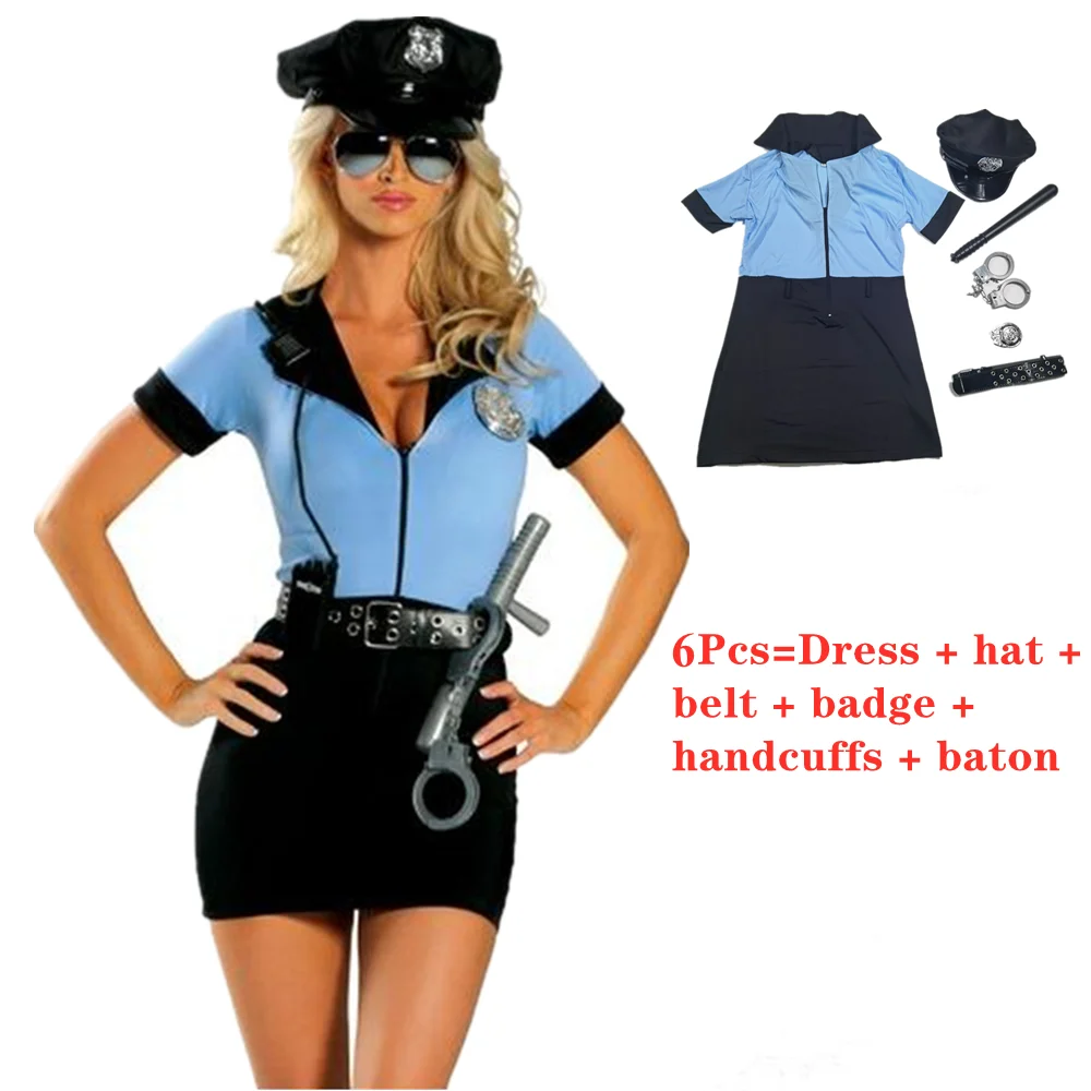 

6pc/Set Women Blue Black Sexy Cop Officer Uniform Police Costume Halloween Cosplay Fancy Party Policewomen Dress