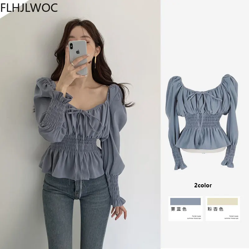 Chic Korea Off Shoulder topy Blusas kobiety 2021 wiosna Solid Color muszka wąska talia linia Belly Peplum krótkie bluzki bluzki