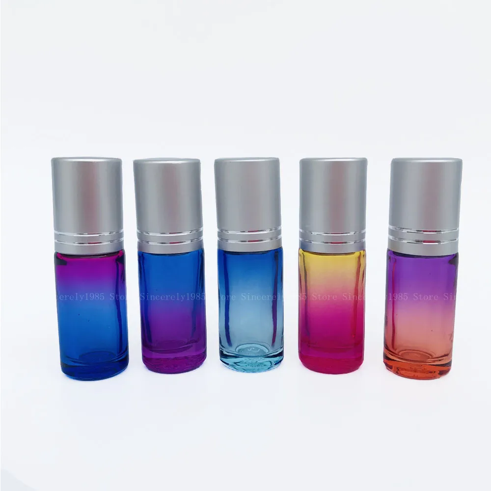 5PCS 5ML Gradient Color Glass Essential Oil Roller Bottle Perfume Metal Roller Ball with Bamboo Cap, Wood Grain Cap, Silver Cap